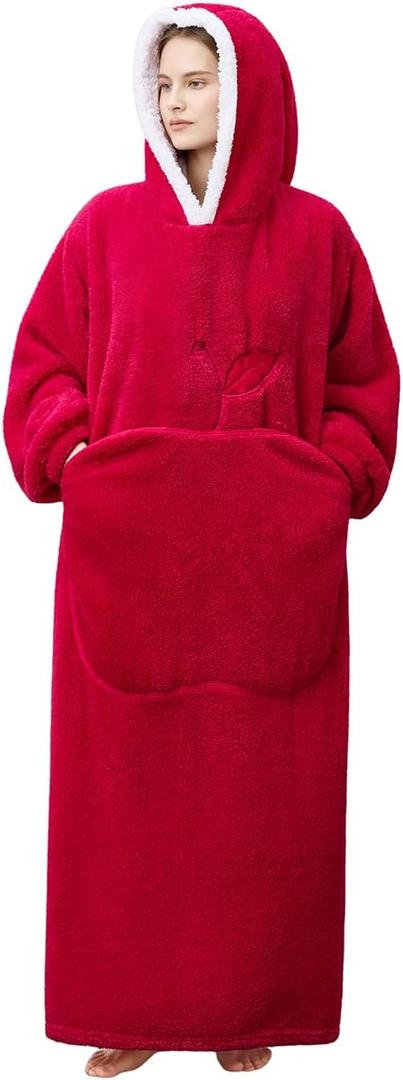 Wearable Blanket Hoodie for Women - Oversized Hooded Blanket as Christmas Birthday Gifts for Adults Mom Girlfriend Fluffy Plush Blanket Sweatshirt Wine Red (Adults Extra Long)