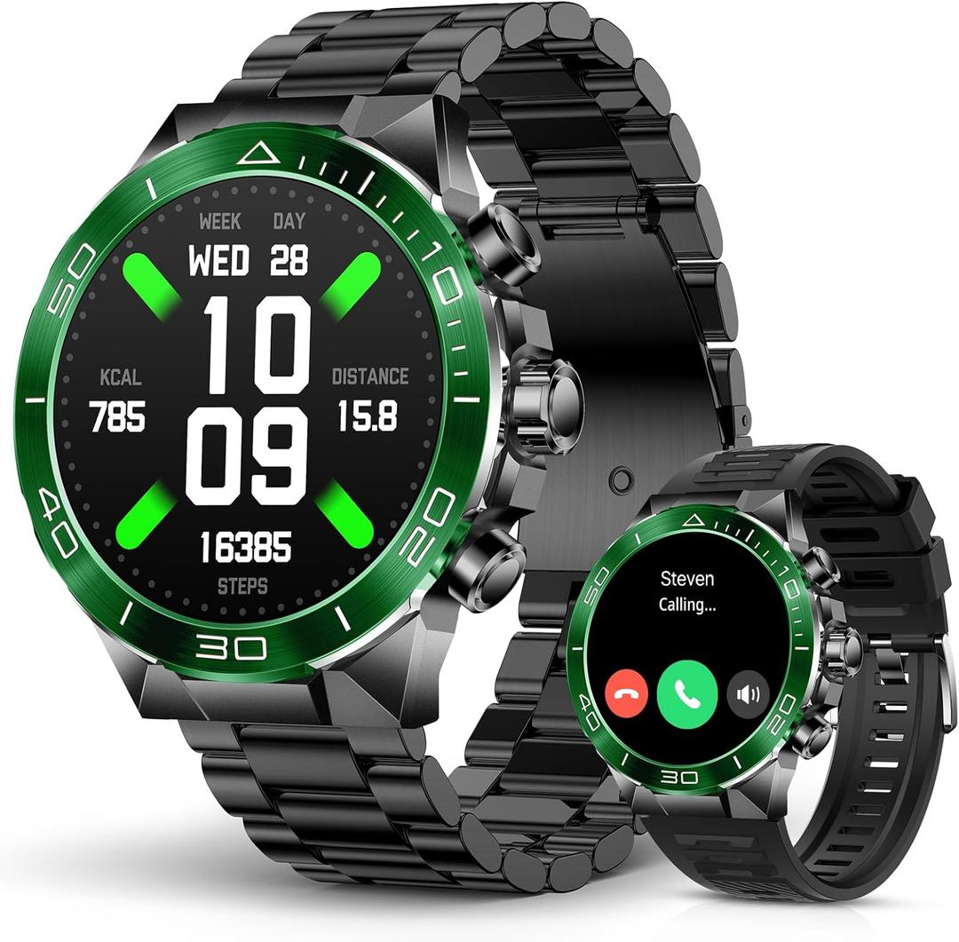 SOUYIE Men's Luxury Smart Watch - 1.43" AMOLED Display Smartwatch with HD Bluetooth Calling, 400mAh 30-Day Battery, 100+ Sports Modes, Health Monitor with Metal/Silicone Straps for Android iPhone (Black+ Green)