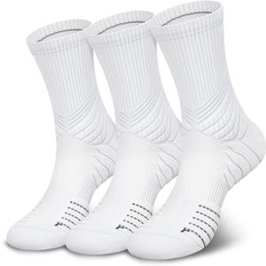 Hylaea Compression Running Socks for men, Coolmax Anti-Blister Cushion Crew Socks for Athletic, Moisture Wicking & Seamless (Large, White 3 Pairs)