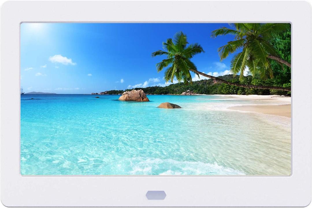 Digital Photo Frame with IPS Screen - 1280x800 Digital Picture Frame with 1080P Video, Music, Photo, Remote Control, Auto Rotate, Calendar, Time (7 inch, White)