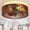 20'' Flush Mount Caged Ceiling Fan with Light, Wooden Low Profile Ceiling Fan with Light and Remote, 6 Speed and Reversible, Farmhouse Bladeless Fan Lights for Bedroom, Kitchen