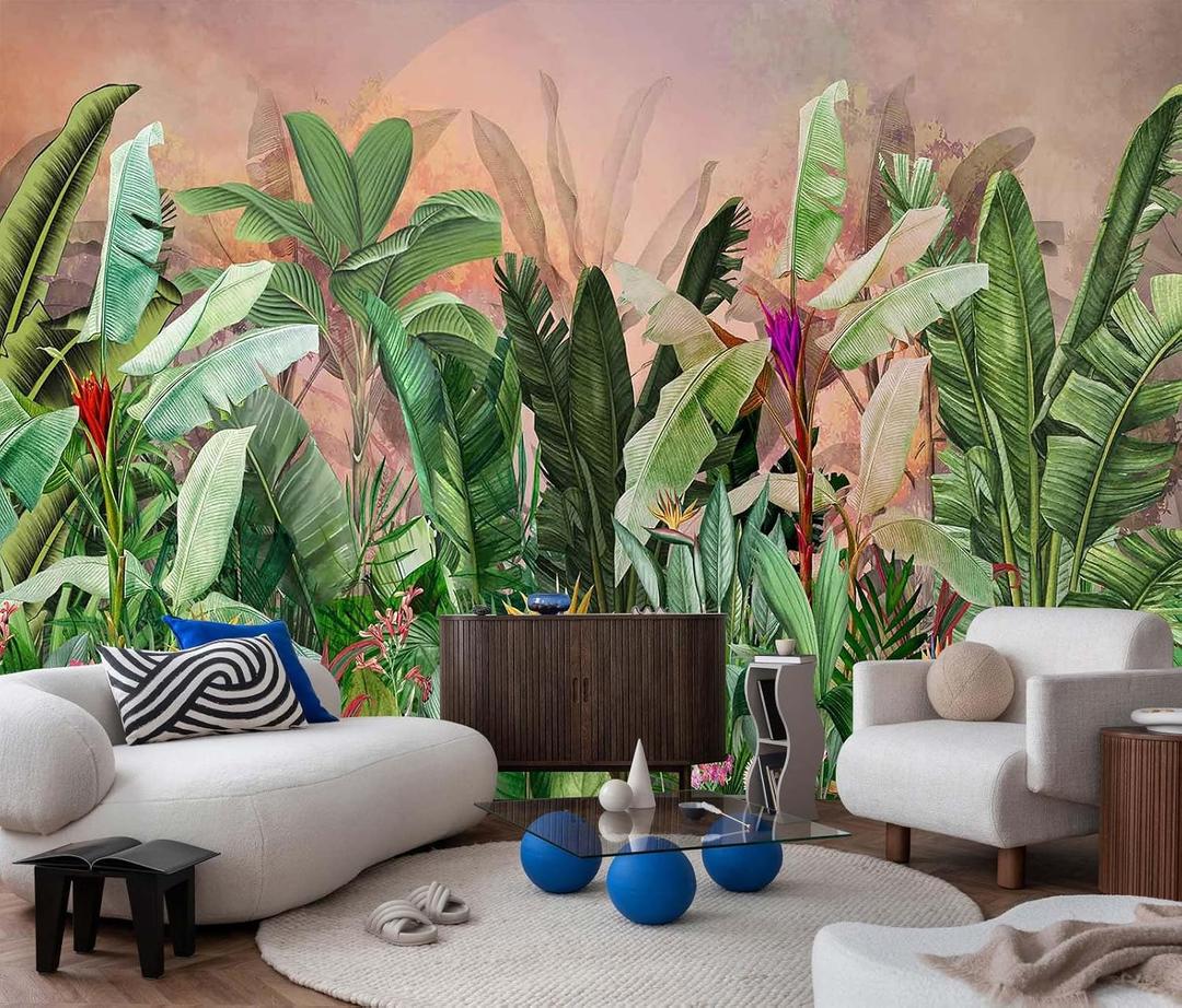 Jdayda Tropical Green Banana Leaves Wallpaper Mural Botanical Plant Large Wall Mural for Livingroom Bedroom (Not-Self-Adhesive)