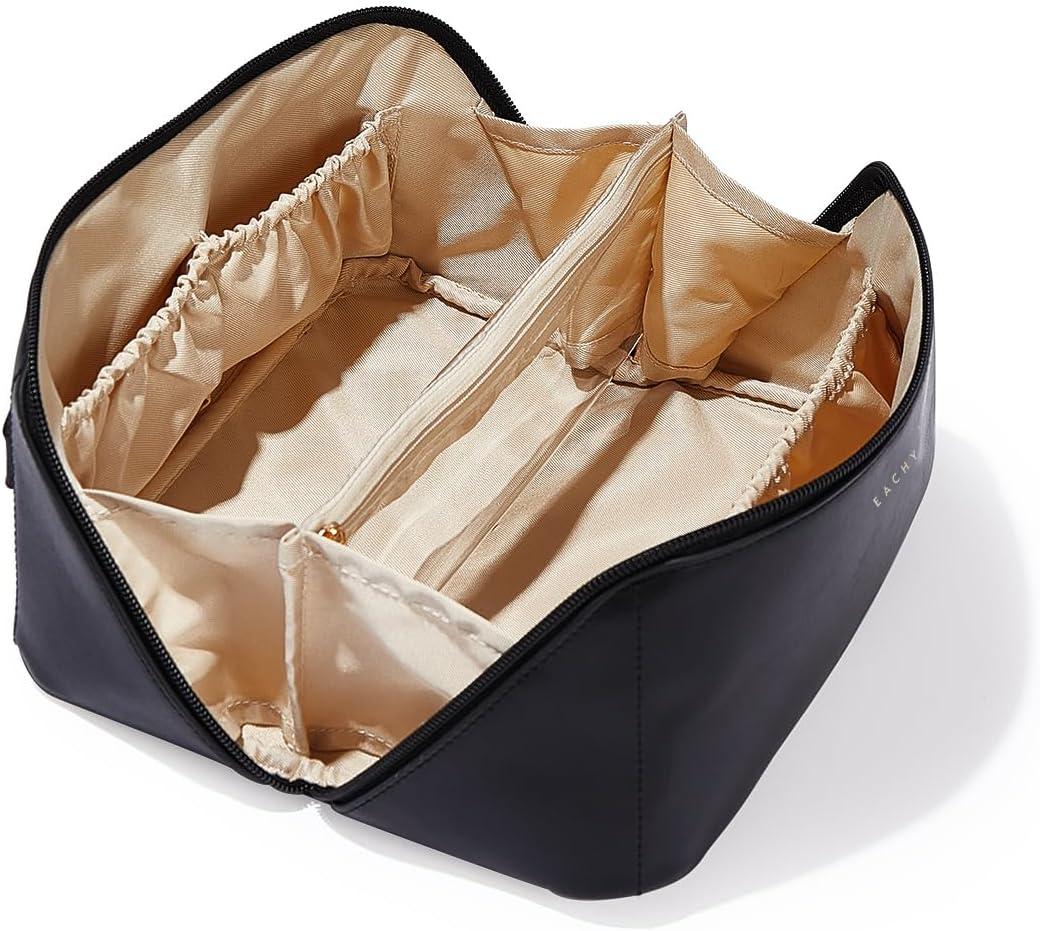 EACHY Travel Makeup Bag, Large Capacity Cosmetic Bag for Women, Waterproof PU Leather, Flat Open Portable Toiletry Bag for Skincare, Brushes & Travel Essentials (EXP 04/01/28)