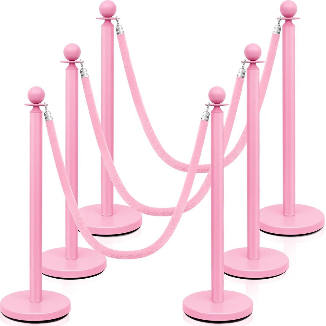 Ferraycle 6 Pcs Stainless Steel Stanchions Post Queue 38 Inch, 5 ft Velvet Rope Carpet Ropes and Pole, Control Barriers for Wedding Birthday Party Decoration Sand Injection Hollow Base Set (Pink)