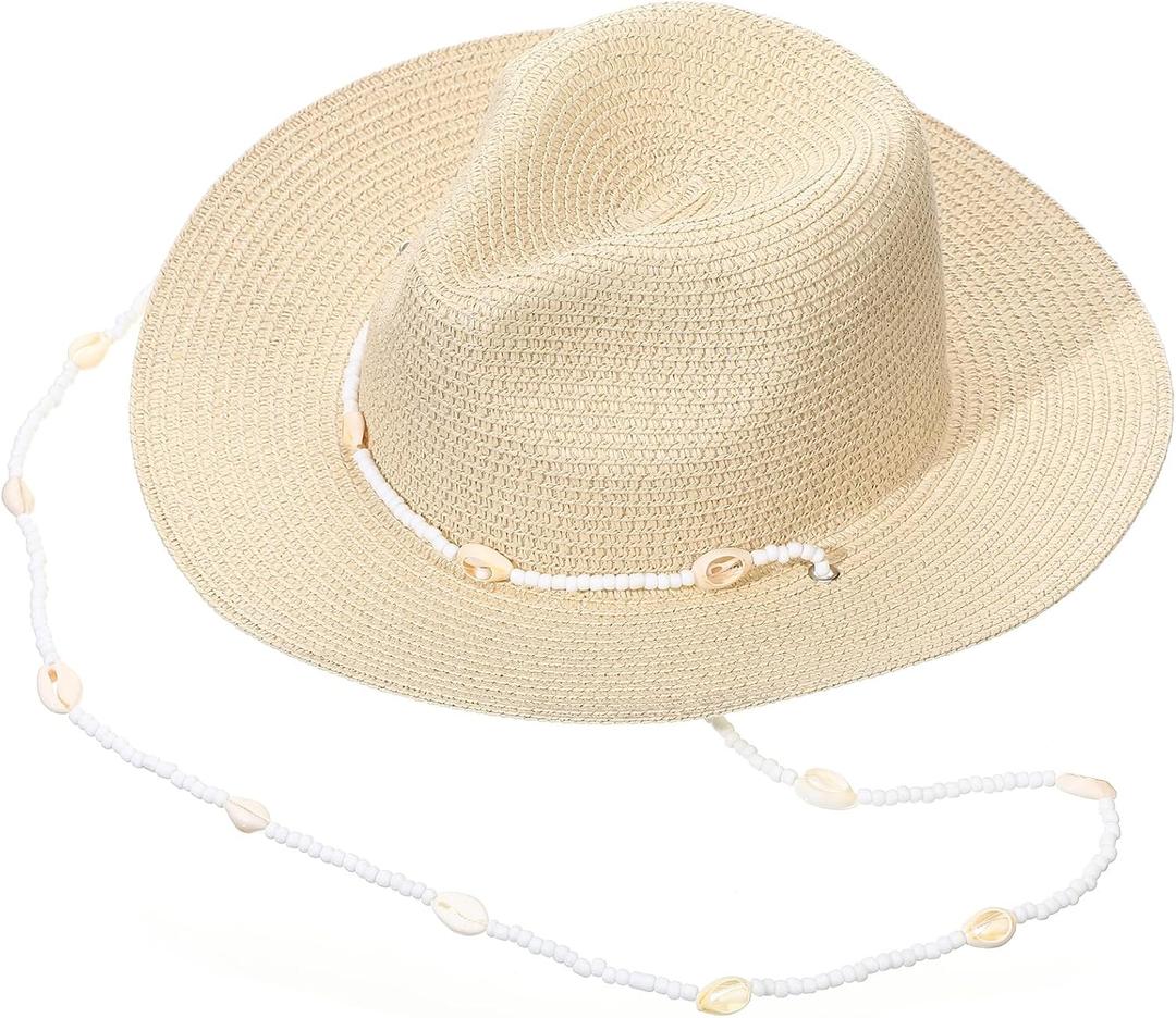 Cutecrop Womens Beach Straw Hats Wide Brim Summer Sun Hats with Seashells Lanyard Foldable Packable Panama Cap Vacation Essentials Beige