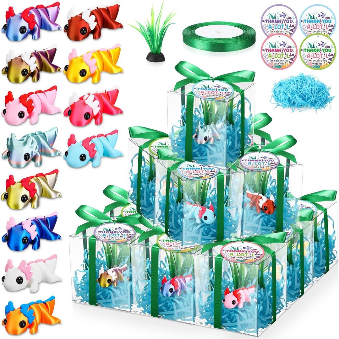Hiboom 12 Set 3D Printed Axolotl Figures with Gift Box Mini Charms Cute Flexible Articulated Sensory Fidget Stress Relief Toys for Axolotl Party Favors Birthday Party Supplies Graduation Gifts
