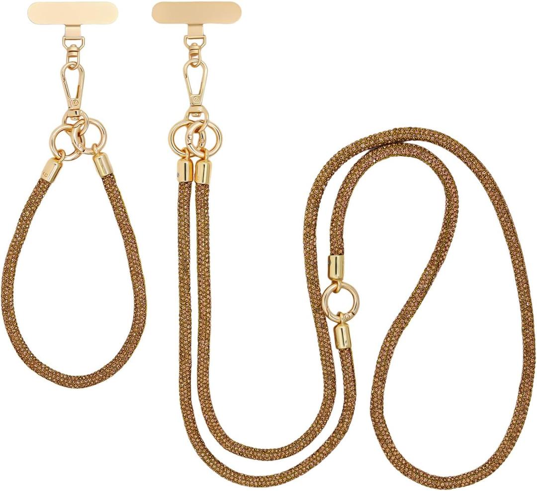 ABJFJE Crystal Phone Lanyard Crossbody & Wrist Strap Phone Strap Crossbody & Wrist Lanyard Anti Theft Phone Strap for Women (Brown)