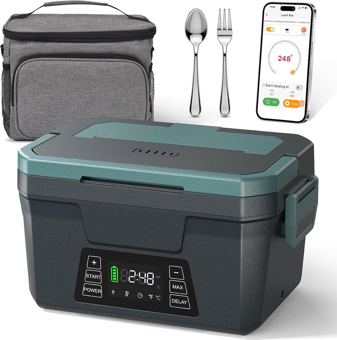 Cordless Electric Lunch Box for Adults, APP Control Heated Lunch Box for Men, 18000mAh Battery Powered Portable Food Warmer w/ Timer, Auto Heating 5-side Rechargeable 248F for Women/Work/Outdoor/Gift