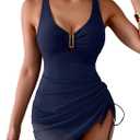 B2prity Women's Mesh One Piece Swimdress Swimsuit Tummy Control V Neck U Ring Bathing Suit Drawstring Sarong Swimwear (X-Large)