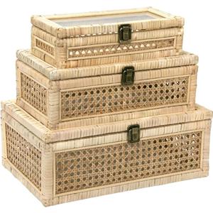 Boho Rattan Display Boxes with Glass Lids, 3 Pcs Large Natural Handwoven Cane Basket, Home Decor Organizers Storage Bins, Natural Finish Display Boxes