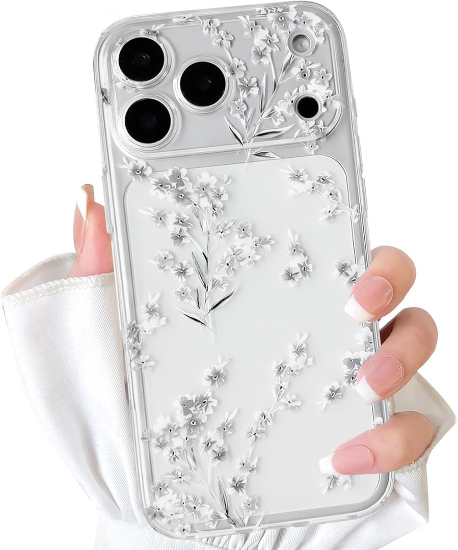 NITITOP Compatible for iPhone 17 Pro Max Case Cute Clear Flower Floral Artistic Design for Women Girls Stylish Slim Soft TPU Shockproof Protective Girly Phone Cover - White