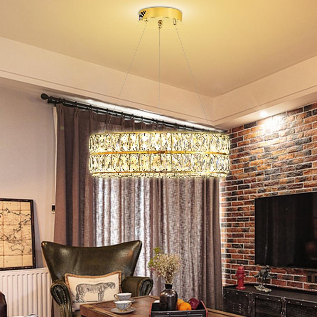 Led 15.7" Gold Ring Crystal Chandelier, Modern Dimmable Chandeliers Lighting and Hanging Adjustable, LED Round Ceiling Light Fixtures for Dining Room Living Room