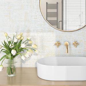 FunStick 16"x240" Modern Peel and Stick Grasscloth Wallpaper Blue Textured Wallpaper for Bathroom Wall Covering Waterproof Texture Gold Blue Contact Paper Renter Friendly Grass Cloth Fabric Wall Paper