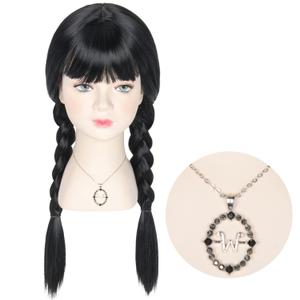 Long Straight Black Braids Wig with Bangs Pigtails Wig with Necklace Halloween Party Costume Wig