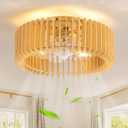 Boho Caged Ceiling Fans with Lights Low Profile Fandelier Ceiling Fan with Light and Remote Wooden Flush Mount Bladeless Ceiling Fan for Bedroom, Kitchen,Foyer(Enclosed,6 Speed, Timing)