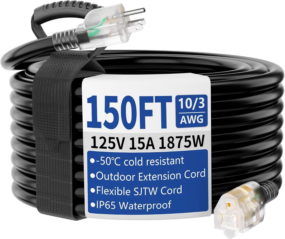150ft Outdoor/Indoor Extension Cord with Lighted 10/3 Gauge Ultra 3 Prong Heavy Duty SJTW, Waterproof, Flexible Cold-Resistant,15A 125V 1875W, Black