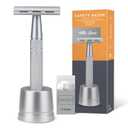 Double Edge Safety Razor with Stand, Single Blade Razors for Men and Women, Reusable Metal De Razor, Men's Safety Shaving Razors with 10 Double Edge Blades, Smooth and Close Shave, Matte Silver