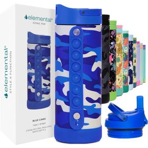 Elemental Iconic Kids Water Bottle for School - 100% Leak-Proof Insulated Water Bottles with Straw Lid & Pop-It Handle for Boys & Girls - Triple-Wall Insulated & BPA-Free, 14oz - Blue Camo