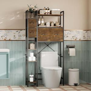 Over The Toilet Storage Rack with 4 Drawers  7-Tier Freestanding Bathroom Organizer with Shelves, Side Racks & 4 Hooks, Rustic Brown Space Saver for Bathroom, Laundry (Rustic Brown)