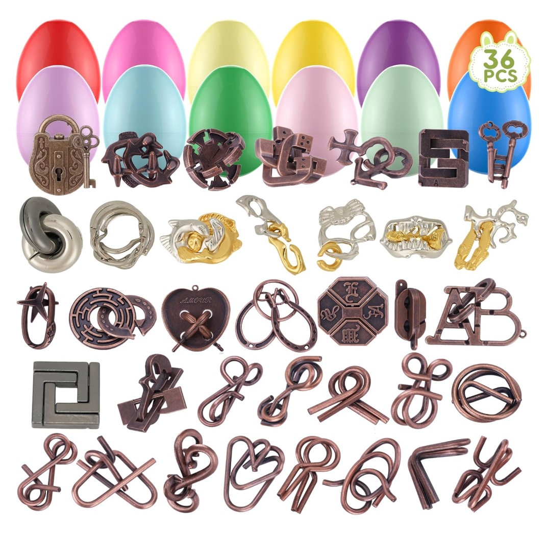 PullCrease 36 Set Easter Brain Teaser Puzzles Basket Stuffers Include 36 Fillers Eggs and 36 Brain Teaser Puzzles for Teens Adults Easter Egg Hunt Gifts IQ Education Smart Toys Family Games Favors