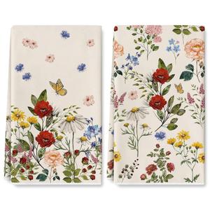 AnyDesign Wildflower Kitchen Dish Towel 16 x 24 Inch Vintage Flower Dishcloth Floral Decorative Hand Drying Tea Towel for Home Kitchen Cooking Baking Cleaning, 2Pcs