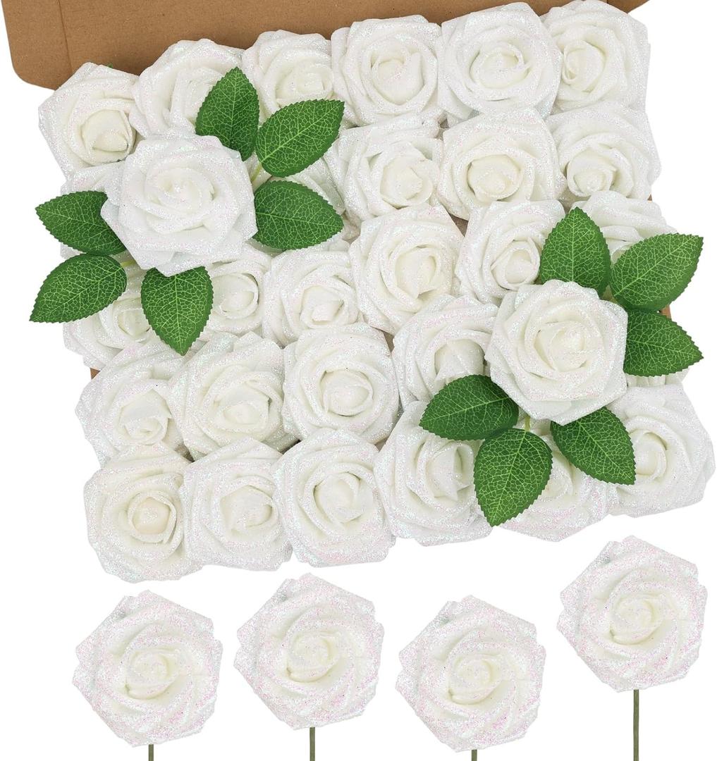 MACTING 30PCS Artificial Glitter Roses Real Looking Fake Flowers with Stem White Foam Roses for Wedding Bouquet Centerpieces Party Wreath Home Easter Spring Mothers Day Decorations
