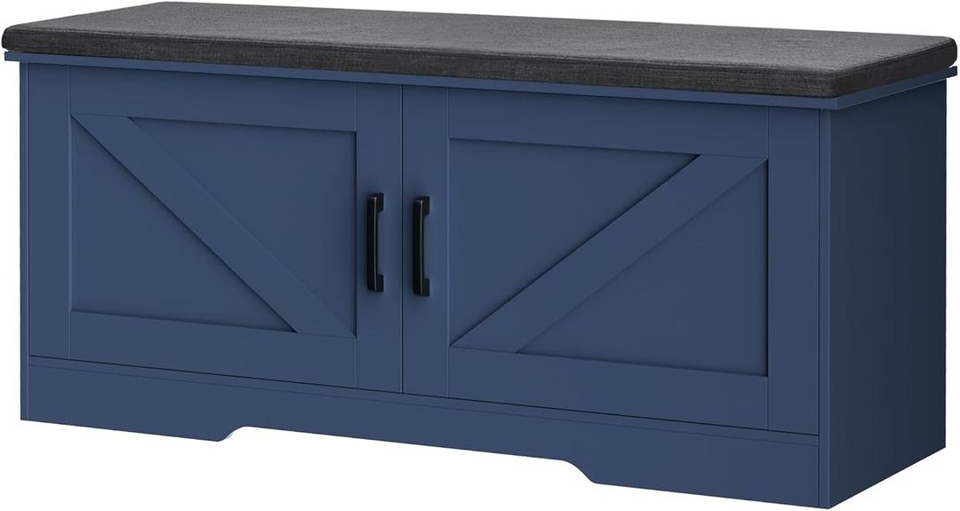 2-Tier Storage Bench, 39.4" Wide Shoe Bench with Padded Seat Cushion, Entryway Bench with 2 Barn Doors and Adjustable Shelf, Blue
