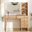 Fluted Makeup Vanity Desk with Large Mirror and Lights,Modern Glass Top Big Vanity Desk with 6 Drawers & Storage Shelves, Vanity Table with Power Outlet, Dressing Table for Bedroom,Oak