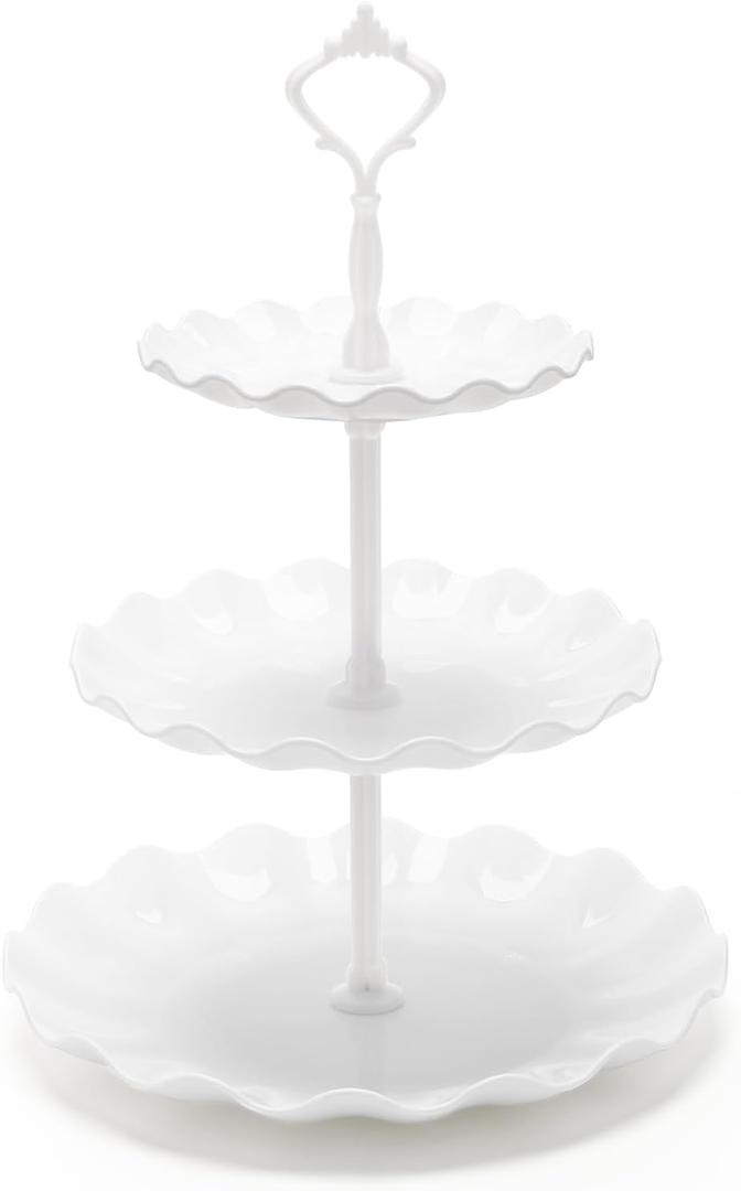 Coitak 3 Tier Cupcake Stand, Plastic Tiered Serving Stand, Dessert Tower Tray for Tea Party, Birthday and Wedding (Wavy-white rod)