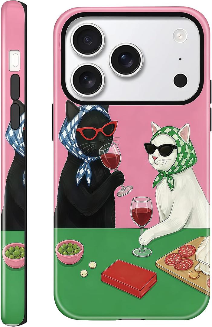Aesthetic Cases for iPhone 17 Pro Max, Hard Hybrid 2-Layer Design, Shockproof Protective Phone Cover for Women, Candlelight Dinner Cat