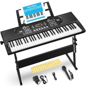 61 Key Keyboard Piano with Stand, Portable Electric Piano Keyboard Kit for Beginners with Stand, Microphone,Note Stickers, Music Rest, Digital Music Keyboard Built-In Speakers, 31.5 X 10.4 X 3 Inches