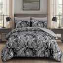 DJY Black Paisley Comforter Set Queen Size, 7 Piece Bed in a Bag Black Gray Boho Paisley Pattern Comforter Set, Soft Lightweight Microfiber Reversible Bedding Set for All Season (90''x90'')