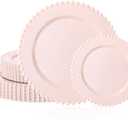 U-QE 60PCS Pink Plastic Plates - Heavy Duty Beaded Pink Valentines Plates for Valentine's Day, Party, Wedding - Serving 30 Guests Include 30PCS 10inch Dinner Plate & 30PCS 7inch Dessert Plate