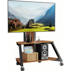 Heavy Duty Mobile TV Stand Rolling TV Cart with Wheels for 32-85 Inch Flat/Curved Led/LCD/OLED Portable Floor TV Stand with Wooden Shelves, Height Adjustable Holds up to 220lbs,Max VESA 600 x400mm