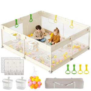 Zeebaba Baby Playpen with Mat, 71×59 in Beige Indoor Play Yard