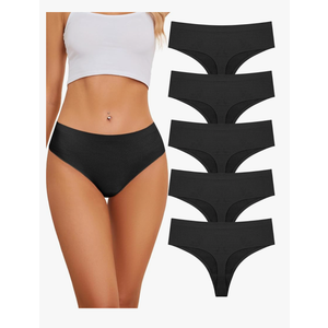 voenxe Seamless Women Underwear Thongs,High Waisted No Show Ladies Panties,Breathable Comfortable Hi Rise Cut Undies,5-Pack Black M