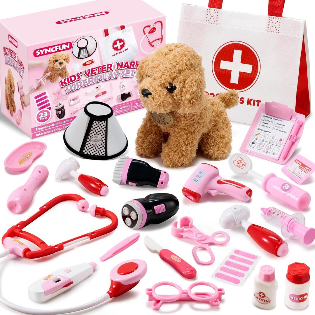 SYNCFUN Doctor Kit for Girls, 22 PCS Veterinarian Playset for Kids, Vet Kit with Dog Toy, Stethoscope, Storage Bag and Accessories,Role Play for Toddlers 3 4 5 6 Birthday Gifts