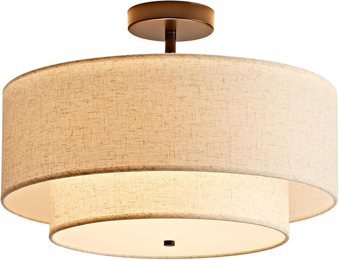 18" Semi Flush Mount Ceiling Light, Classic Fabric Linen Double Drum 3-Light, Farmhouse Black Light Fixture for Living Room, Bedroom, Kitchen, Dining Room