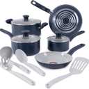 T-Fal Ceramic Nonstick Cookware Set, Oven Safe Up to 350F, 12-Piece, Includes Stockpot, Frying Pans, Utensils, Ceramic Pots and Pans Set, Dark Blue