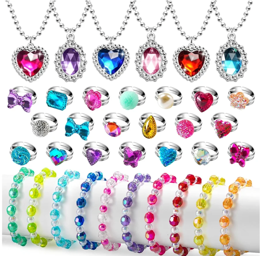 36pcs Princess Play Jewelry Set for Little Girls Ages 4-6, Kids Costume Dress Up Jewelry Necklace Bracelet Rings for Toddlers, Childrens Princess Birthday Party Favors Gift 3-5 4 5 6 7 8 Year Old Girl