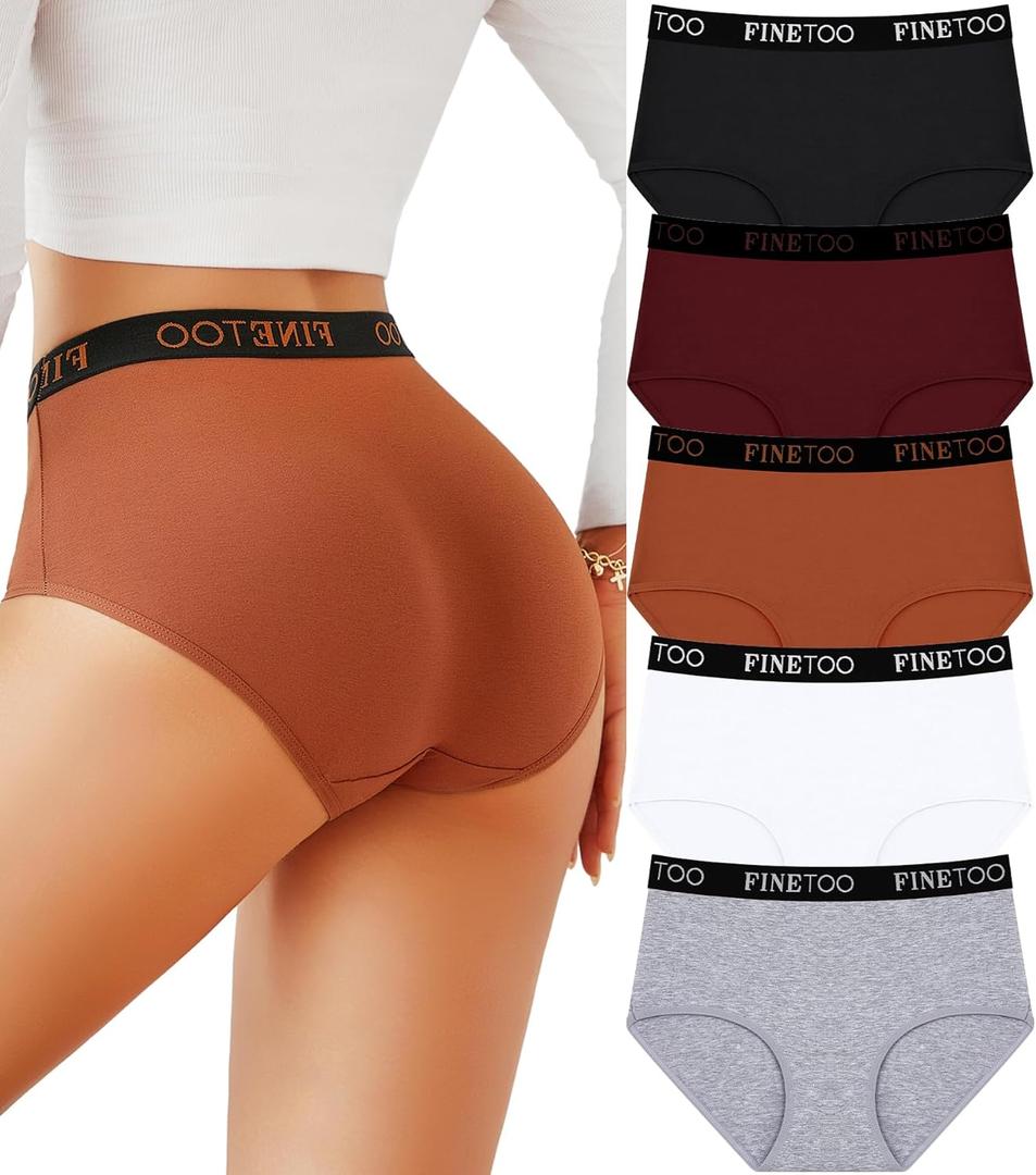 FINETOO Womens Underwear High Waisted Cotton Underwear for Women Soft Panties for Women Full Coverage Briefs 5 Pack (XX-Large, 5pack(black*1 White*1 Grey*1 Purple*1 Brick Yellow*1))