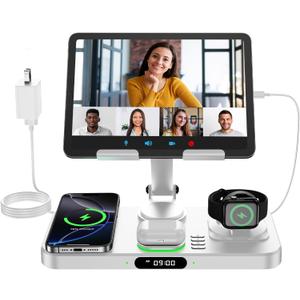 6 in 1 Wireless Charger for Apple Multiple Devices, Charging Station with Clock &7 Color Ambient Light, Foldable Rotate Stand for iPad, for iPhone17/16/15 Series, Support for Apple Watch11/10 AirPods4