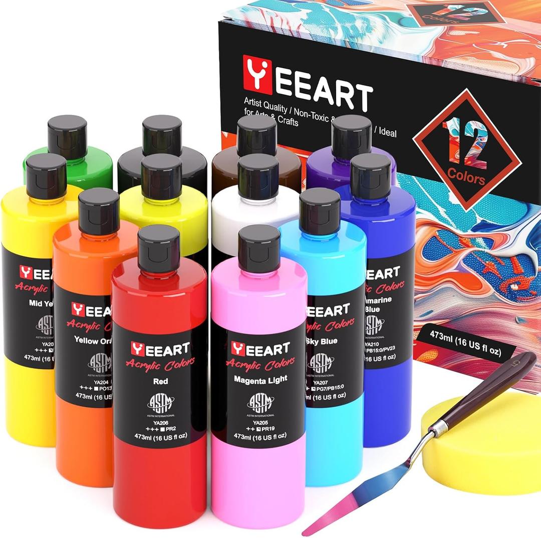 Acrylic Paint Set, 12 Colors Acrylic Paint Large Bottle Set, 16OZ Each, Rich Pigmented Canvas Paint, Premium Non-toxic Paints for Artists, Paint Set for Adults, Art Supplies for Canvas