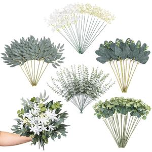 100Pcs 6 Kinds Mixed Artificial Eucalyptus Leaves Stems Bulk, Fake Silver Dollar Eucalyptus Leaves Bundle, Faux Plants Greenery for Wedding DIY Bouquet Floral Arrangement Party Decor Outdoor Indoor