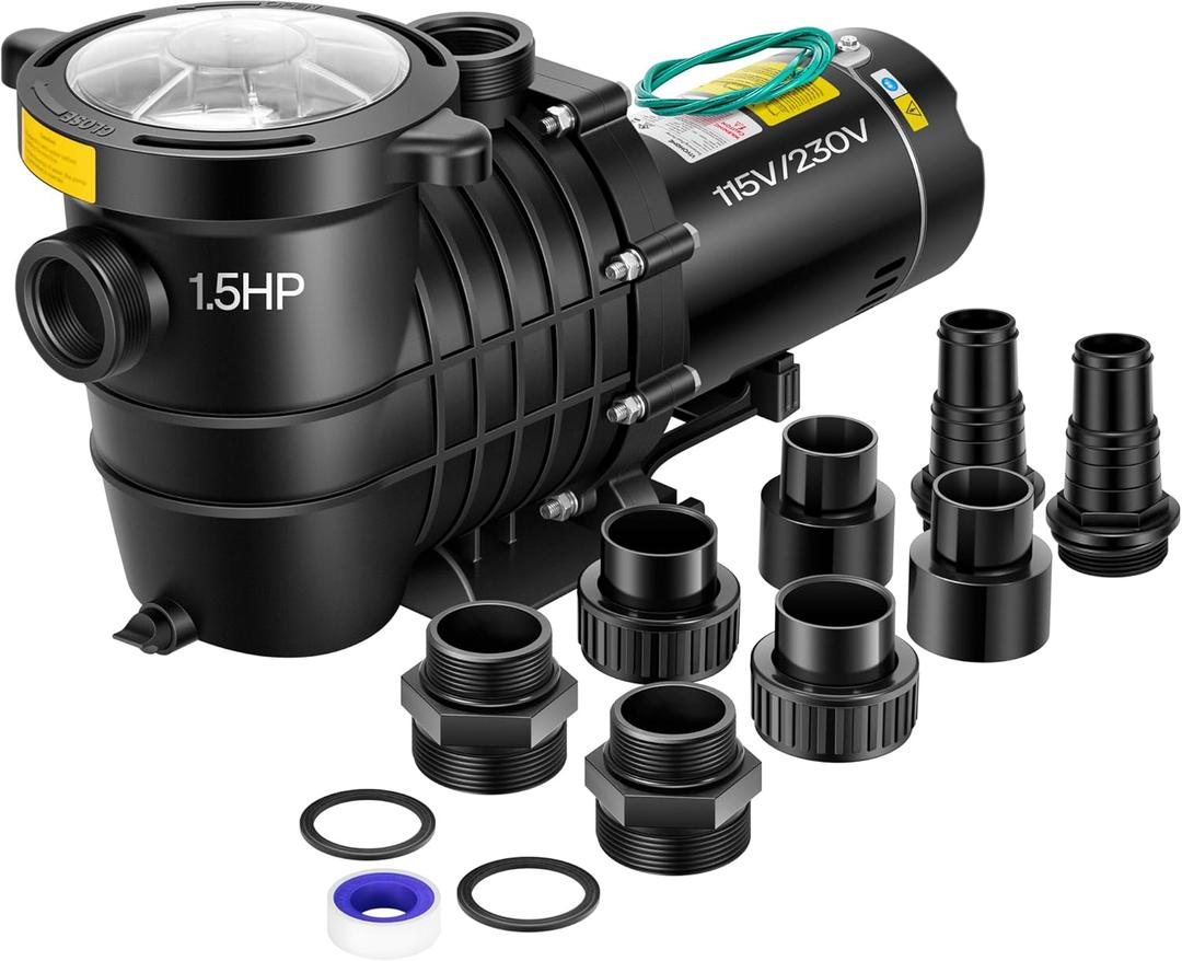 VIVOHOME 1.5 HP 6500 GPH Powerful Copper Motor Dual Voltage Self Primming in/Above Ground Swimming Pool Pump w1.25'' & 1.5" & 2.0'' Unions Energy Saving w/Strainer Basket