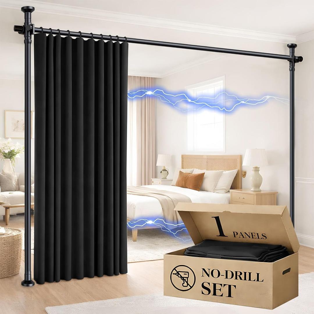 Room Divider Curtain Set-No Drilling Curtain Rod Set, Room Divider Wall for Partition Room Dividers, Bedroom Divider Black-100 W x 84" L(Pack of 1)