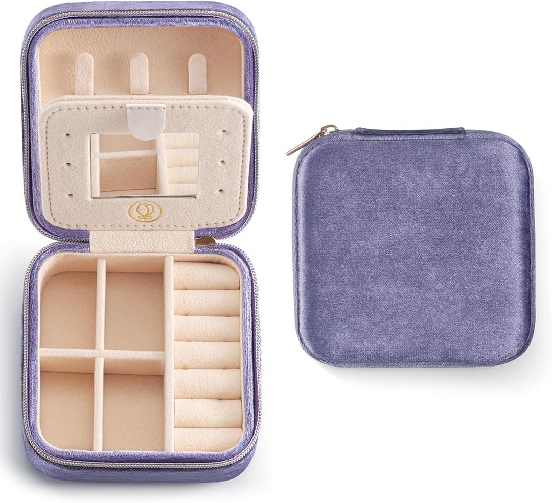 ZPROW Plush Velvet Travel Jewelry Case, Travel Jewelry Organizer, Jewelry Travel Case,Travel Jewelry Box, Small Jewelry Case for Women, Jewelry Travel Box, Earring Organizer with Mirror - Periwinkle