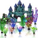Mechpia 13 Pieces Aquarium Decorations Kit, Fish Tank Decorations Set Small Resin Castle and Rockery Betta Fish Cave Hideout Coral Artificial Plastic Plants Ornament Accessories (Blue,Green,Purple)