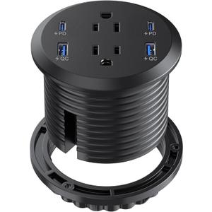 Jgstkcity Desktop Power Grommet, 65W USB C Fast Charging Port, Flush Mount Recessed Power Strip 3inch Hole,2 Outlets,4 USB Ports, Countertop Outlet (Black, 65W USB Port)