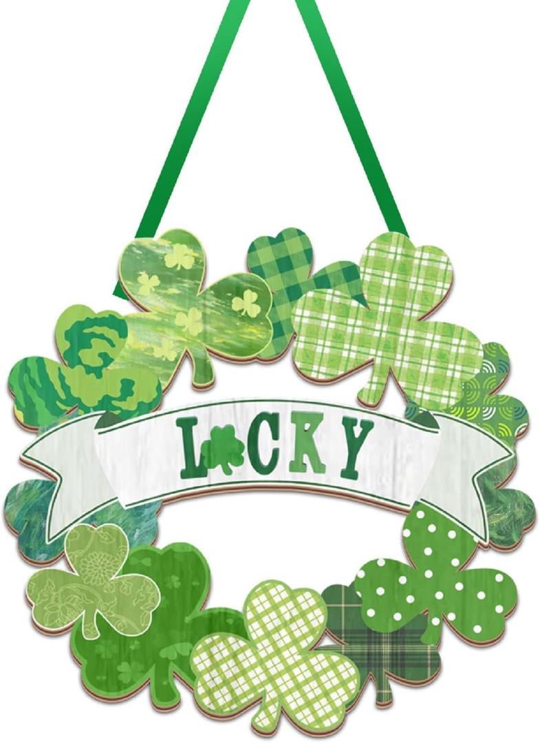 2 x St Patricks Day Decorations, Lucky Shamrock Decorations Irish Ornament, St Patrick's Day Wreath Door Sign for Home Wall Farmhouse Indoor Outdoor Decor Party Supplies